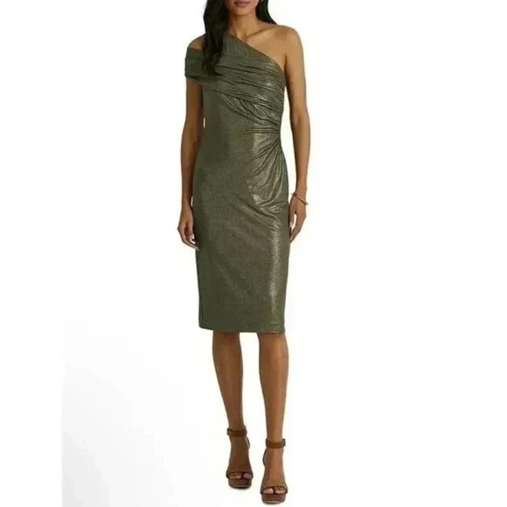 Lauren Ralph Lauren One-Shoulder Metallic Olive Green Dress - Picture 7 of 10